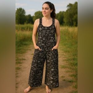 Brown Mushroom Printed Wide Leg Overalls